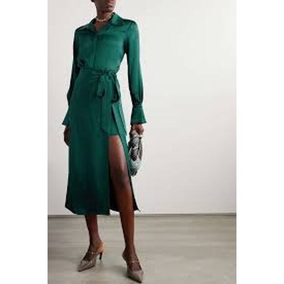 SIMKHAI Jonathon Simkhai Samba Wrap-effect Satin Midi Shirt Dress in Emerald 2 - Picture 1 of 7